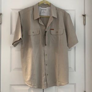 Tan short sleeve button down Orvis sporting shirt